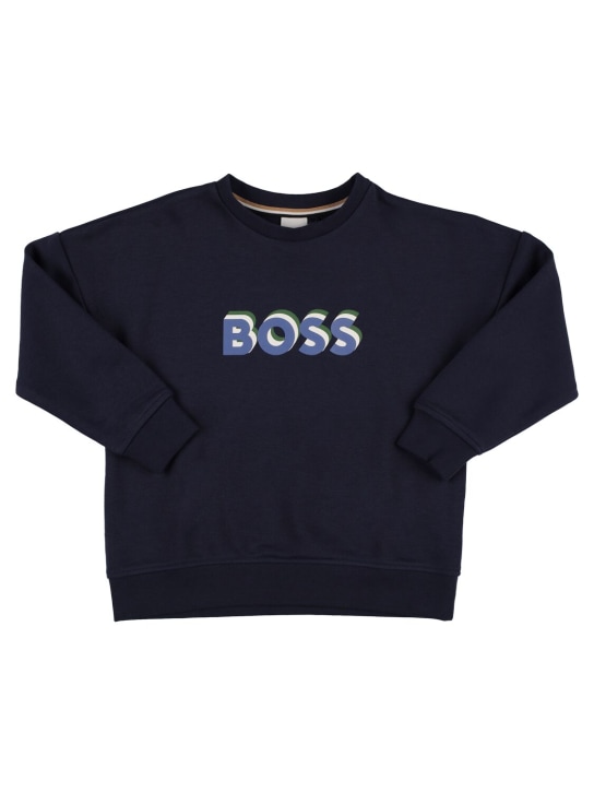 Boss: Sudadera de algodón con logo en goma - Azul Marino - kids-boys_0 | Luisa Via Roma
