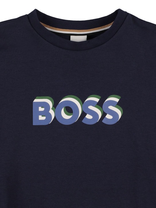 Boss: Sudadera de algodón con logo en goma - Azul Marino - kids-boys_1 | Luisa Via Roma