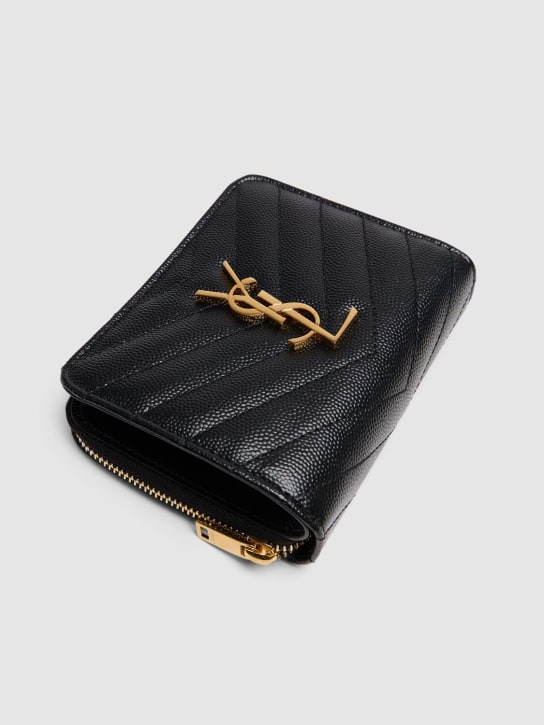 Saint Laurent: Logo leather zip wallet - Siyah - women_1 | Luisa Via Roma