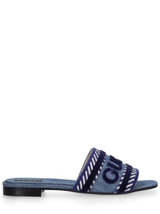 Gucci: 10mm denim slide sandals w/ Gucci script - Açık Mavi - women_0 | Luisa Via Roma