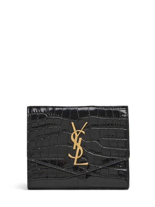 Saint Laurent: Embossed patent leather compact wallet - Black - women_0 | Luisa Via Roma