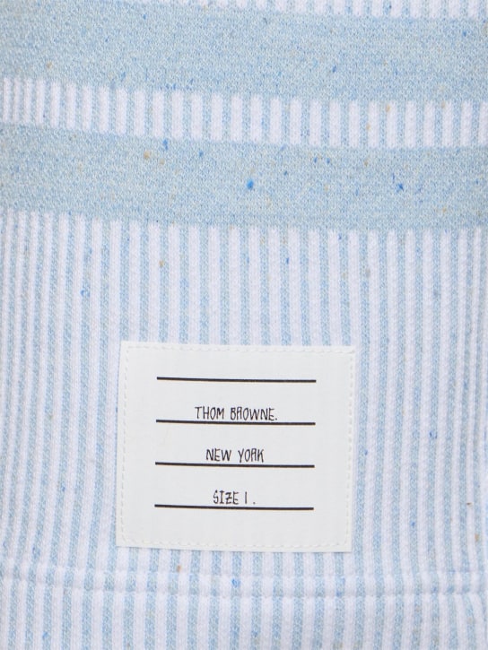 Thom Browne: Cotton & silk sweat shorts w/bars - Light Blue - men_3 | Luisa Via Roma