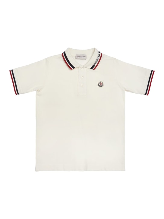 Moncler: Logo cotton piquet polo shirt - Beyaz - kids-boys_0 | Luisa Via Roma