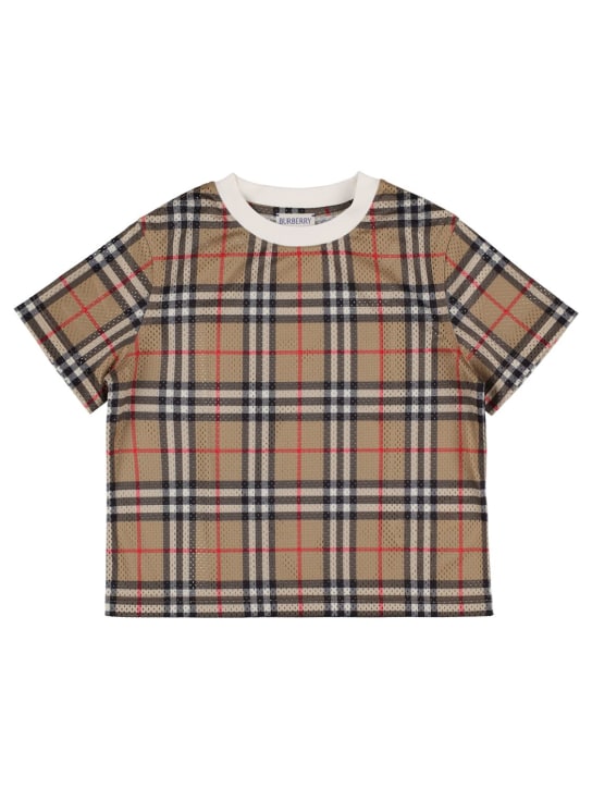 Burberry: T-shirt en jersey de coton imprimé carreaux - Beige - kids-boys_0 | Luisa Via Roma