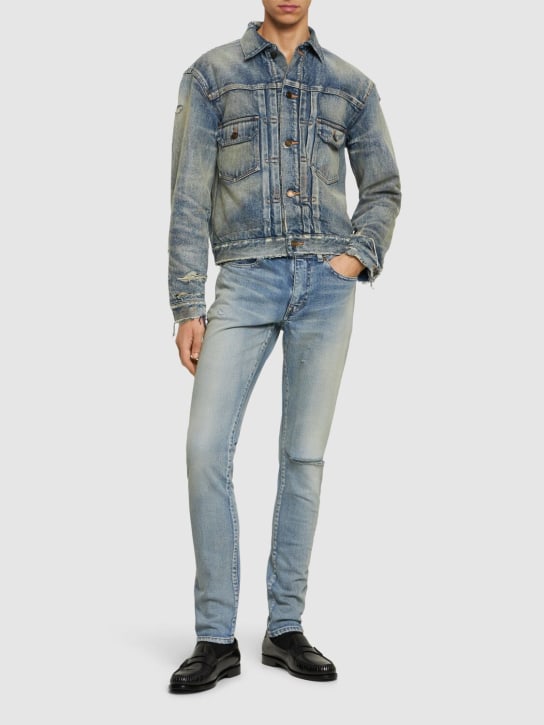Saint Laurent: Jeans skinny vita bassa in denim di cotone 15cm - Celeste - men_1 | Luisa Via Roma