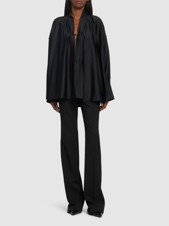 Ferragamo: 垂褶真丝混纺绸缎衬衫 - 黑色 - women_1 | Luisa Via Roma