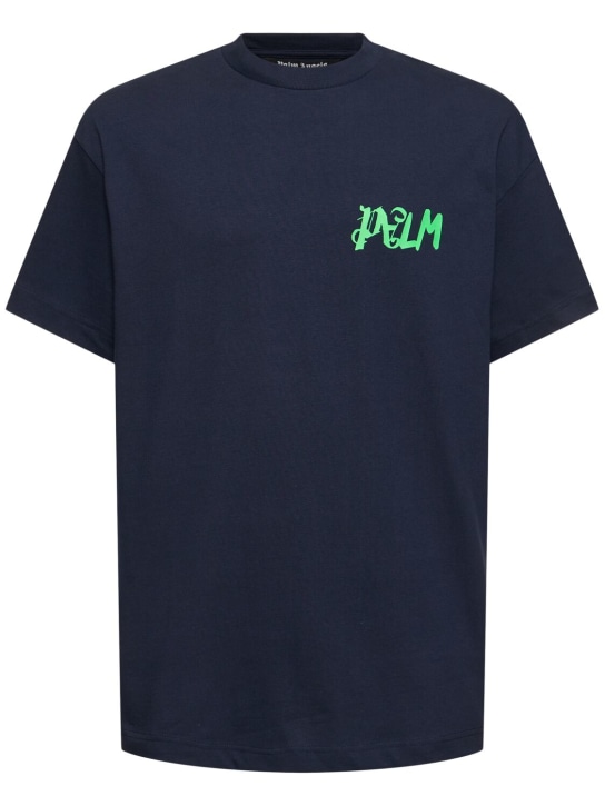 Palm Angels: Camiseta de algodón estampado - Azul Marino - men_0 | Luisa Via Roma