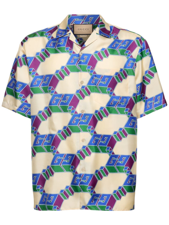 Gucci: Chemise manches courtes en soie GG Hawaii - Ivoire/Bleu - men_0 | Luisa Via Roma