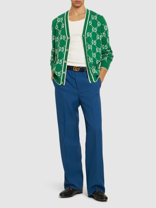 Gucci: Cardigan in maglia di cotone GG - Green/Ivory - men_1 | Luisa Via Roma