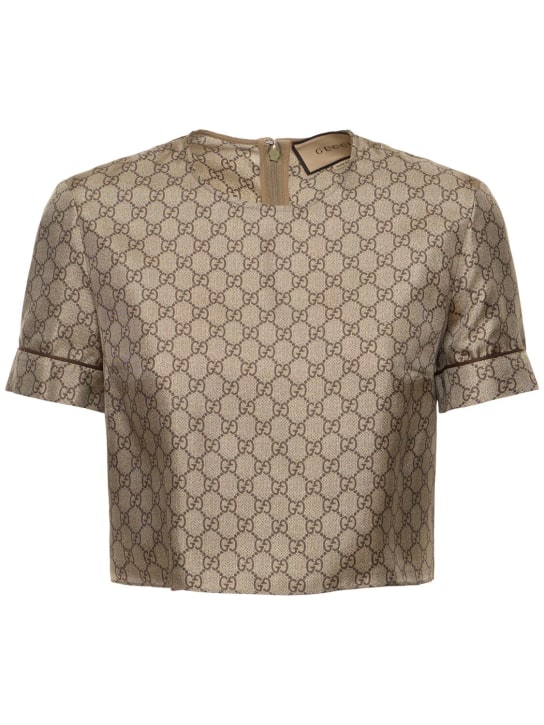 Gucci: T-shirt en sergé de soie imprimé GG Supreme - Camel/Ebony - women_0 | Luisa Via Roma