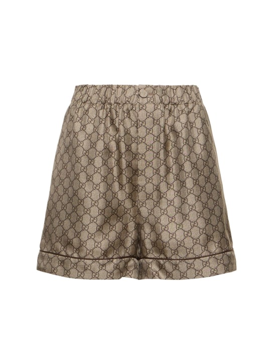 Gucci: Shorts de sarga de seda estampados - Camel/Ebony - women_0 | Luisa Via Roma