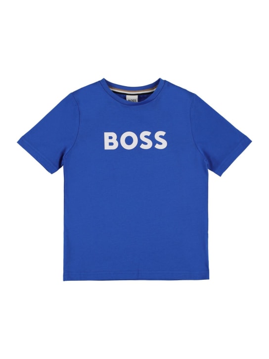 Boss: 로고 프린트 코튼 저지 티셔츠 - 블루 - kids-boys_0 | Luisa Via Roma