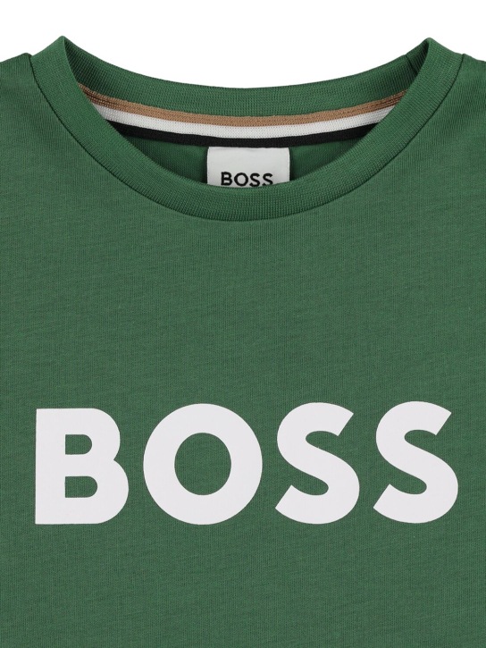 Boss: Logo print cotton jersey t-shirt - Green - kids-boys_1 | Luisa Via Roma