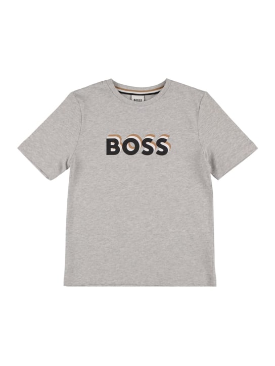 Boss: T-shirt in jersey di cotone con logo - Grigio - kids-boys_0 | Luisa Via Roma
