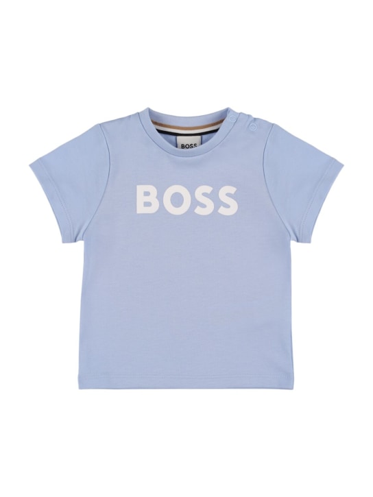 Boss: Camiseta de jersey de algodón con logo - Azul Claro - kids-boys_0 | Luisa Via Roma