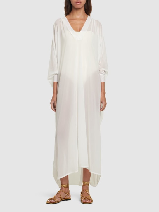 Balmain: Shiny jersey long v-neck kaftan dress - White - women_1 | Luisa Via Roma