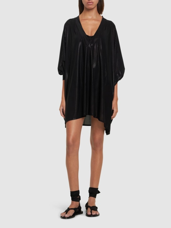 Balmain: 亮面平纹针织V领迷你罩衫式连衣裙 - 黑色 - women_1 | Luisa Via Roma