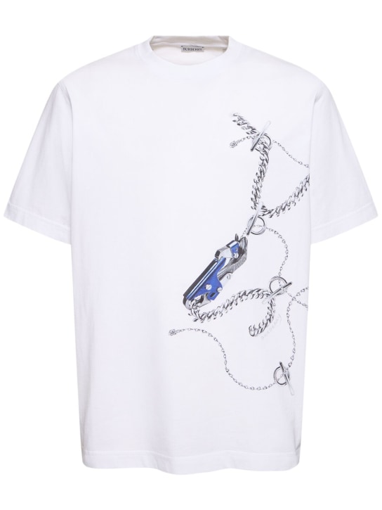 Burberry: Bedrucktes T-Shirt aus Baumwolle - Weiß/Blau - men_0 | Luisa Via Roma