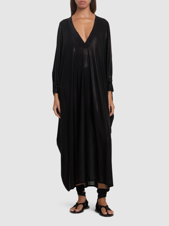 Balmain: Shiny jersey long v-neck kaftan dress - Black - women_1 | Luisa Via Roma