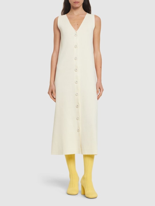 Jil Sander: Cotton blend rib knit v neck midi dress - Beige - women_1 | Luisa Via Roma