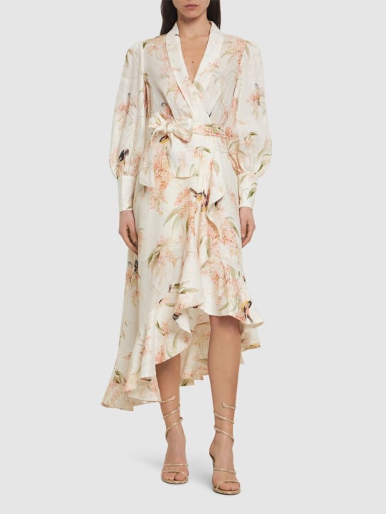 Zimmermann: Asymmetric wraparound linen midi dress - White/Multi - women_1 | Luisa Via Roma