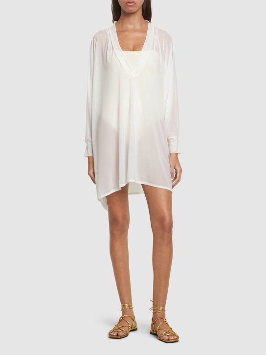 Balmain: Shiny jersey v-neck mini kaftan dress - White - women_1 | Luisa Via Roma