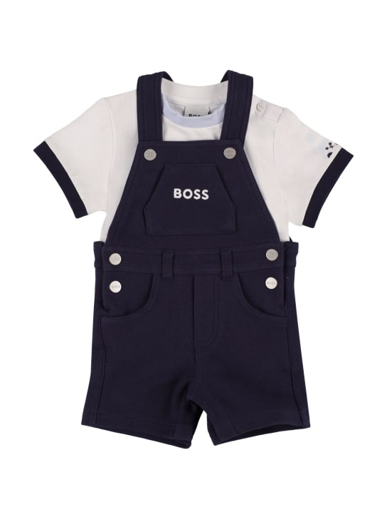 Boss: Cotton jersey t-shirt & overalls - Mavi/Beyaz - kids-boys_0 | Luisa Via Roma