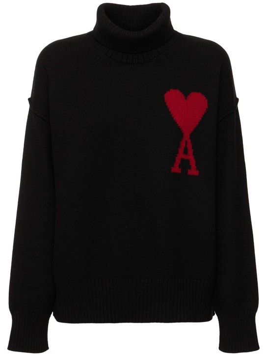 AMI Paris: Red Ami De Coeur wool turtleneck sweater - Black - women_0 | Luisa Via Roma