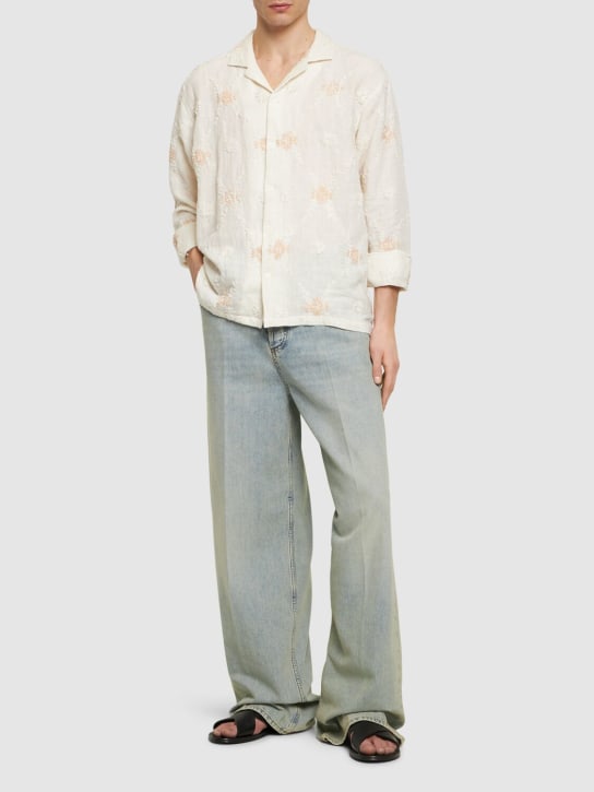 Harago: Camicia in lino con ricami - Off White - men_1 | Luisa Via Roma