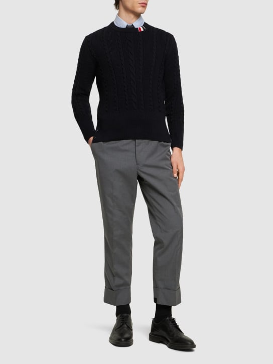 Thom Browne: Cable knit relaxed crewneck sweater - Navy - men_1 | Luisa Via Roma