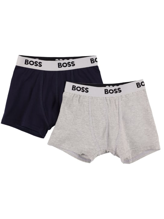 Boss: Set of 2 jersey boxer briefs w/ logo - Lacivert/Gri - kids-boys_0 | Luisa Via Roma