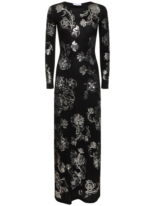 Rabanne: Embroidered l/s crewneck long dress - Black/Silver - women_0 | Luisa Via Roma