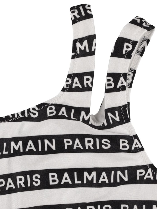 Balmain: Bikini en lycra imprimé logo - Blanc/Noir - kids-girls_1 | Luisa Via Roma