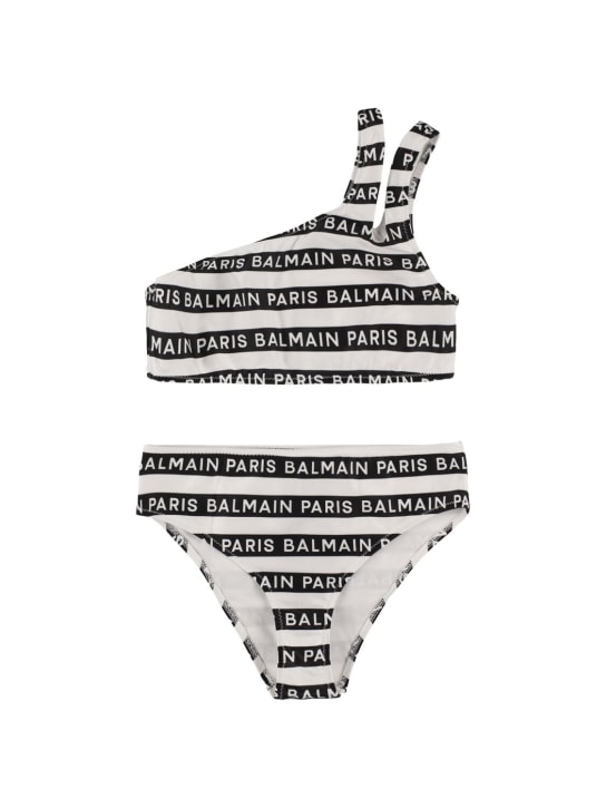Balmain: Bikini en lycra imprimé logo - Blanc/Noir - kids-girls_0 | Luisa Via Roma