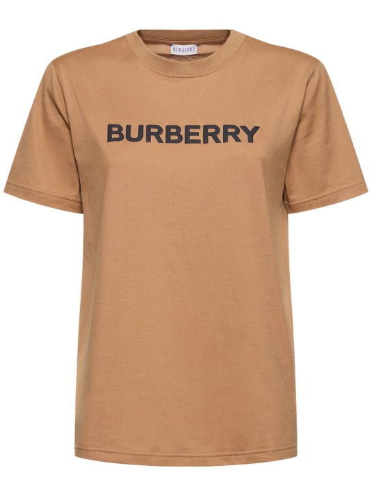 Burberry: T-shirt en coton imprimé logo - Camel - women_0 | Luisa Via Roma
