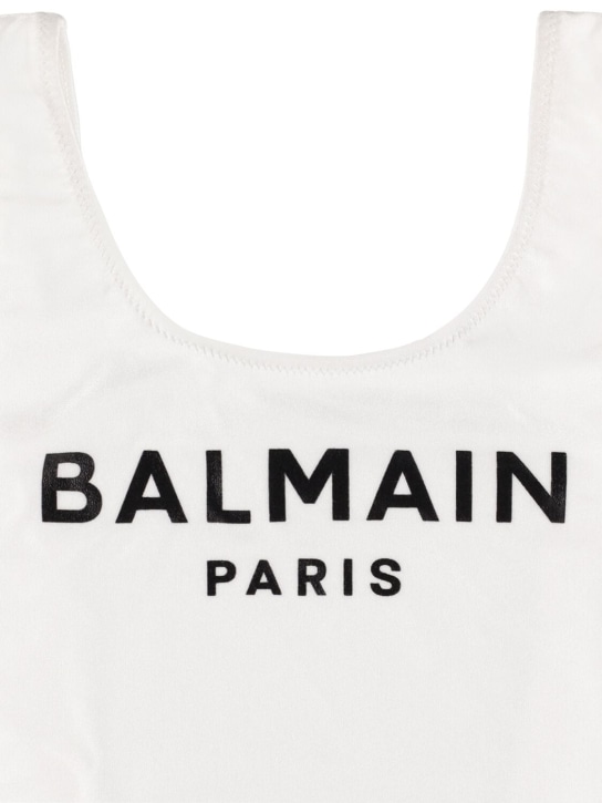 Balmain: Logo print Lycra one piece swimsuit - White/Black - kids-girls_1 | Luisa Via Roma