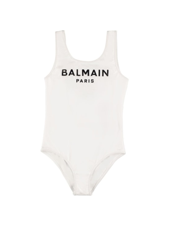 Balmain: Maillot de bain une pièce en lycra imprimé logo - Blanc/Noir - kids-girls_0 | Luisa Via Roma