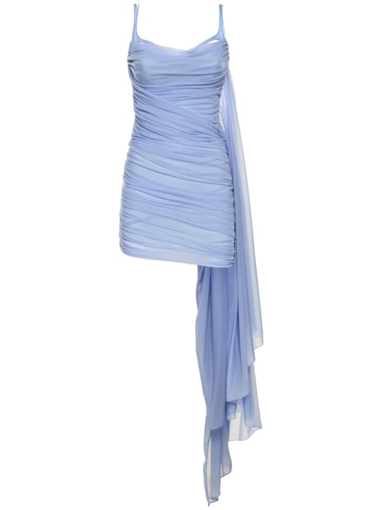 MUGLER: Nylon jersey draped mini dress - Silver/Blue - women_0 | Luisa Via Roma