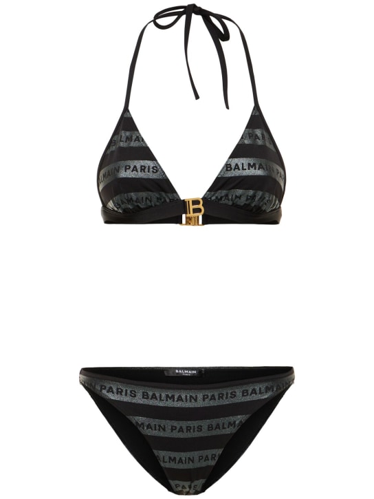 Balmain: Bikini a triangolo a righe glitter con logo - Multi Nero - women_0 | Luisa Via Roma