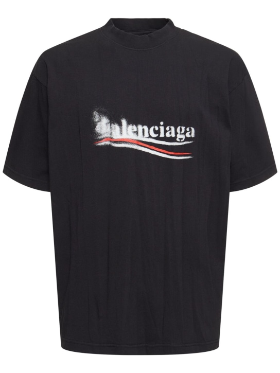 Balenciaga: T-shirt en coton à logo Political Stencil - Noir Délavé - men_0 | Luisa Via Roma