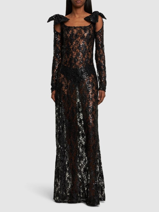 Nina Ricci: Sequined lace cutout long dress w/ bow - Black - women_1 | Luisa Via Roma