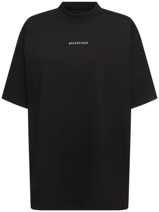 Balenciaga: T-shirt in cotone con logo riflettente - Nero Delave' - women_0 | Luisa Via Roma