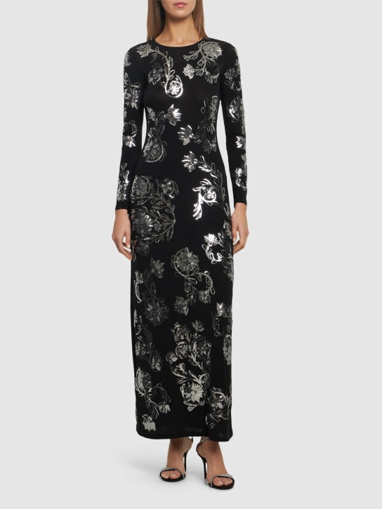 Rabanne: Embroidered l/s crewneck long dress - Siyah/Gümüş - women_1 | Luisa Via Roma