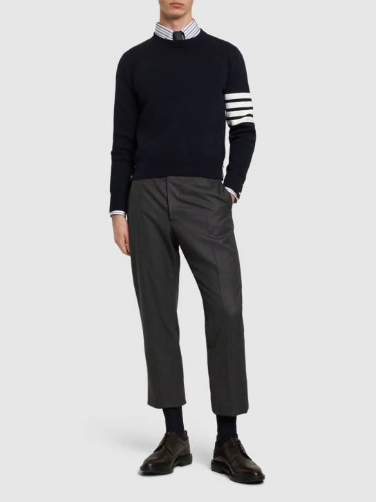 Thom Browne: Milano stitch cotton crewneck sweater - Lacivert - men_1 | Luisa Via Roma