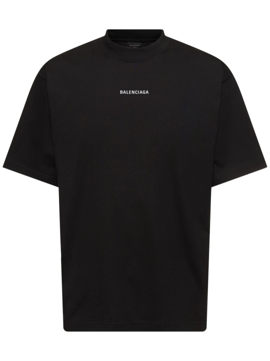 Balenciaga: リフレクティブロゴコットンTシャツ - ウォッシュドブラック - men_0 | Luisa Via Roma
