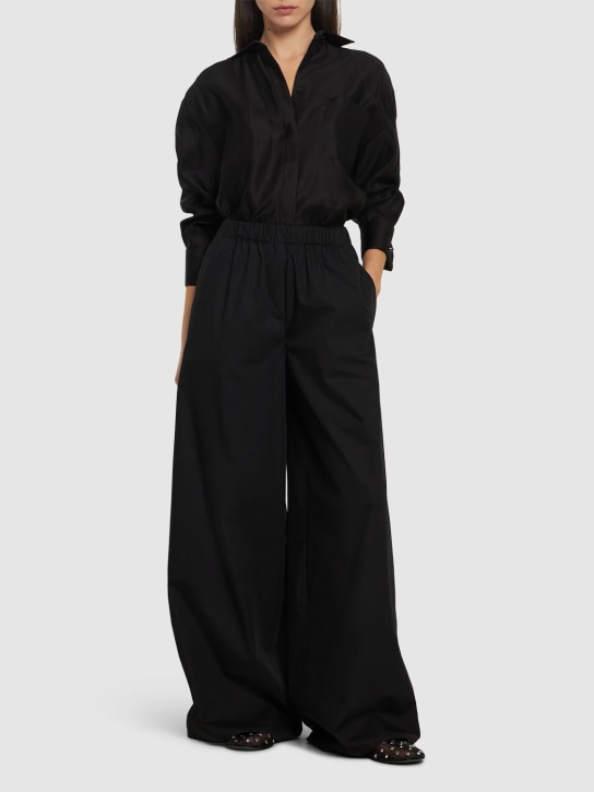 Max Mara: Pantalon ample en popeline de coton - Noir - women_1 | Luisa Via Roma