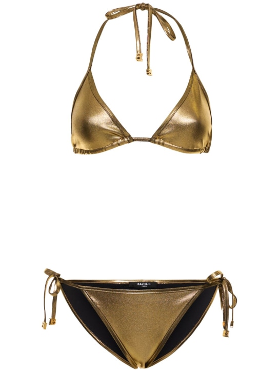 Balmain: Metallischer Triangel-Bikini - Gold - women_0 | Luisa Via Roma