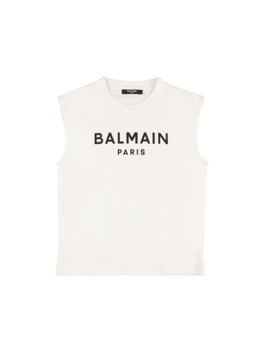 Balmain: Tank top de algodón jersey - Blanco/Negro - kids-boys_0 | Luisa Via Roma