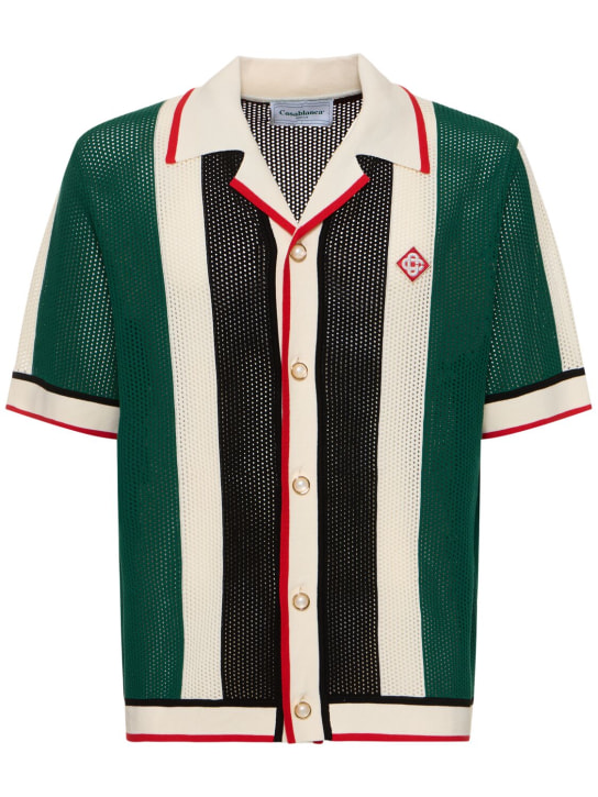 Casablanca: Striped cotton crochet s/s shirt - Green/White - men_0 | Luisa Via Roma