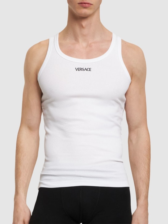 Versace Underwear: Débardeur en coton côtelé à logo - Blanc Optique - men_1 | Luisa Via Roma